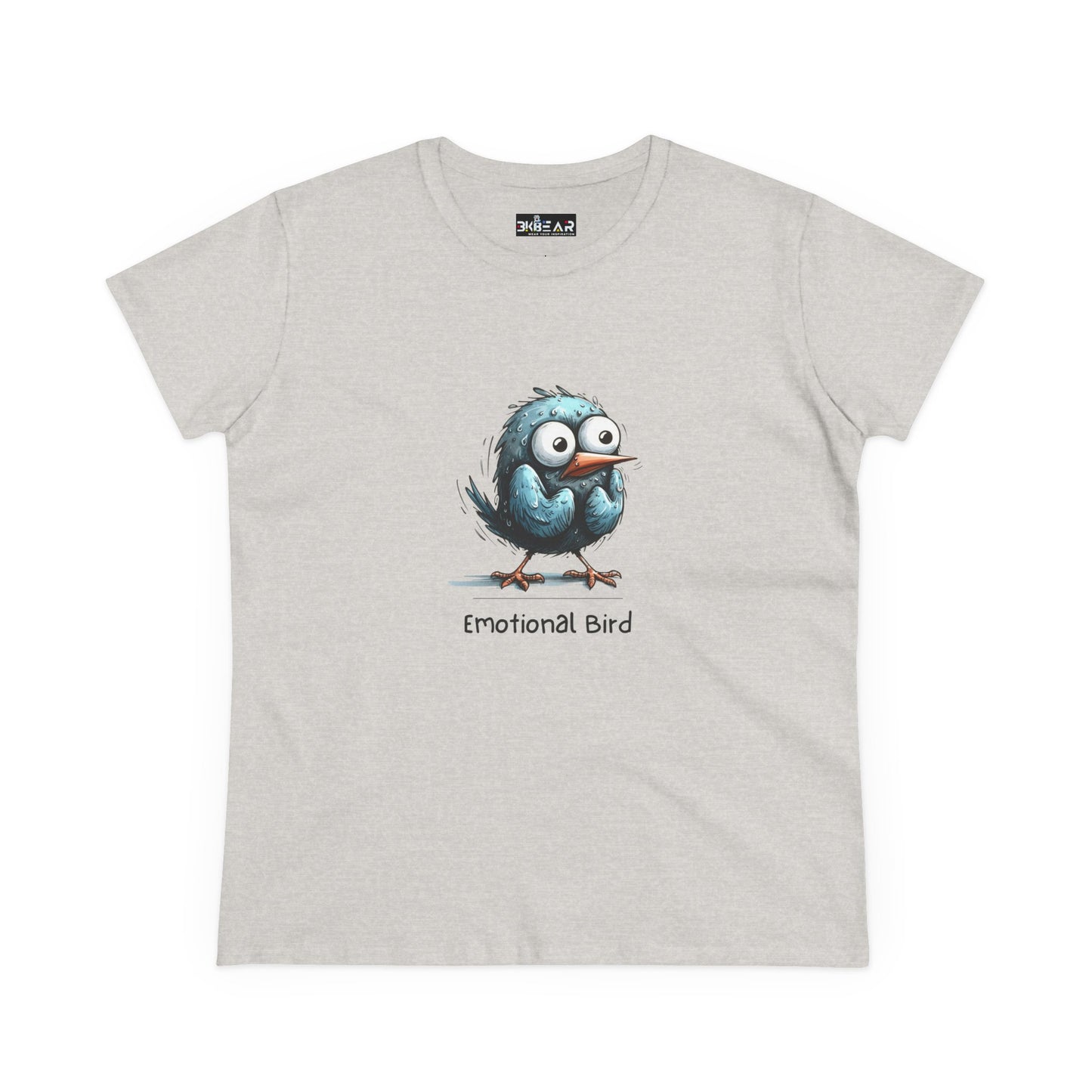 Printify gray t-shirt featuring a cartoon emotional bird tee with a cute blue bird graphic