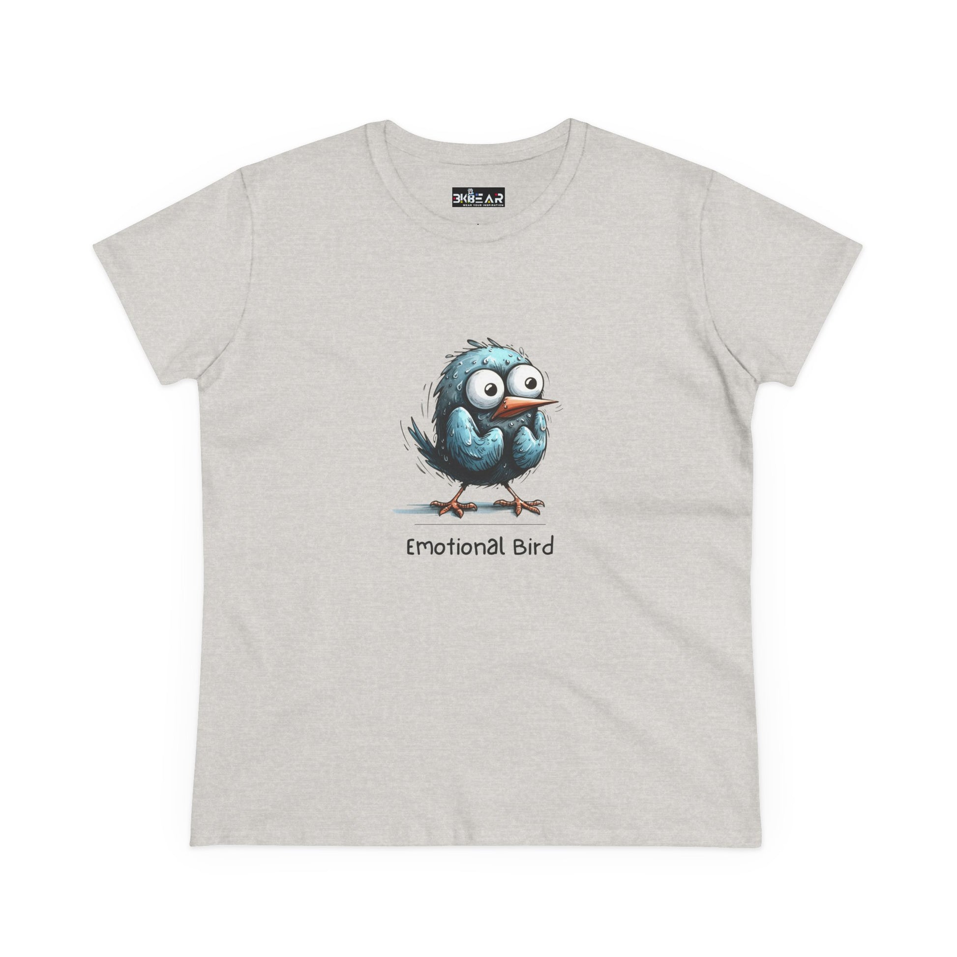 Printify gray t-shirt featuring a cartoon emotional bird tee with a cute blue bird graphic
