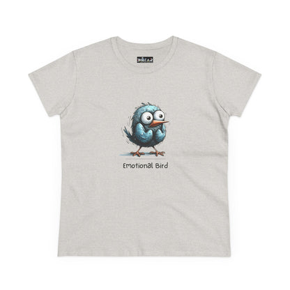 Printify gray t-shirt featuring a cartoon emotional bird tee with a cute blue bird graphic