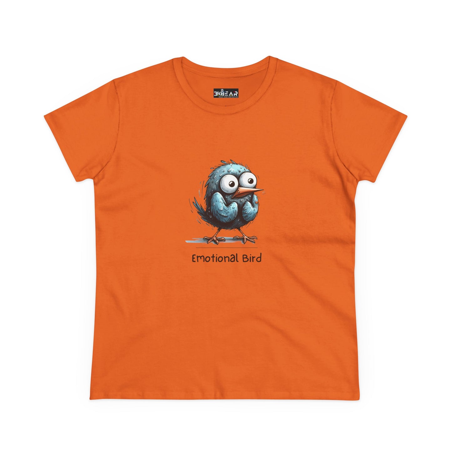 Orange Printify t-shirt featuring a blue emotional bird tee graphic with wide eyes
