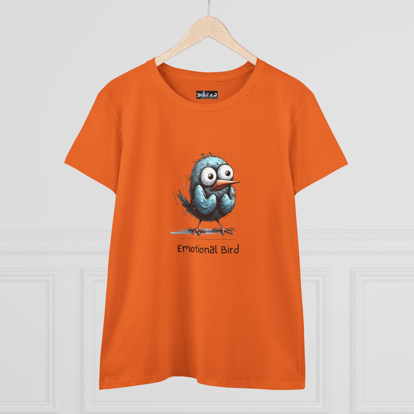 Orange Printify T-Shirt featuring a cartoon blue emotional bird tee design on front
