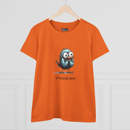 Orange Printify T-Shirt featuring a cartoon blue emotional bird tee design on front