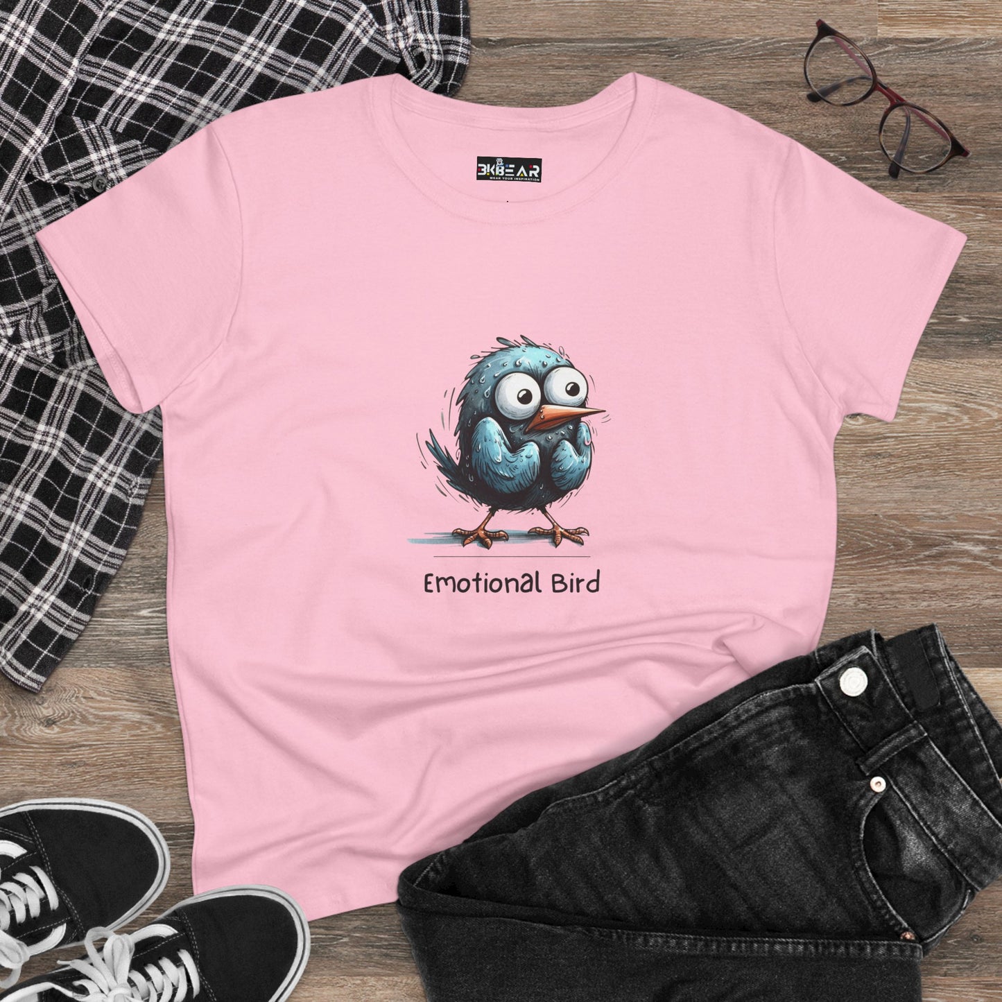 Pink emotional bird tee by Printify featuring a cute blue bird graphic and casual fit