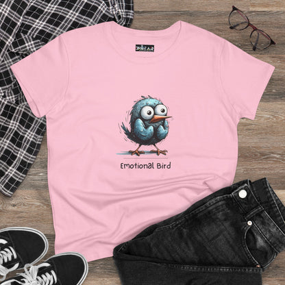 Pink emotional bird tee by Printify featuring a cute blue bird graphic and casual fit