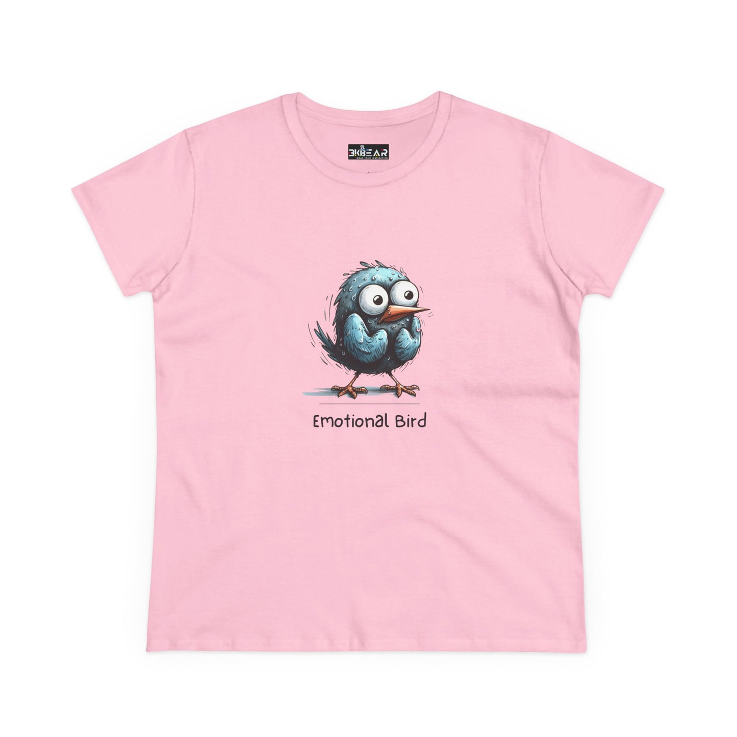 Pink emotional bird tee with a cute blue cartoon bird illustration on the front by Printify