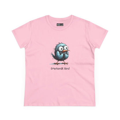 Pink emotional bird tee with a cute blue cartoon bird illustration on the front by Printify