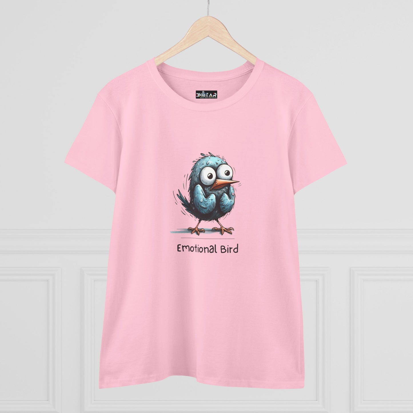 Printify pink emotional bird tee with a cute blue bird graphic and emotional bird text