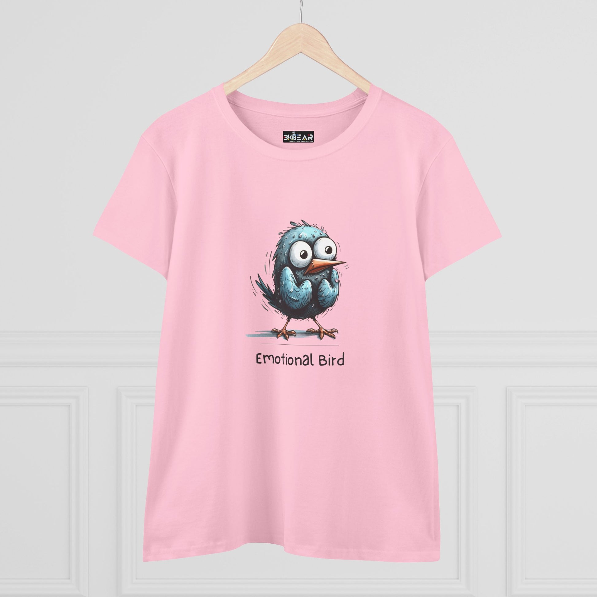 Printify pink emotional bird tee with a cute blue bird graphic and emotional bird text