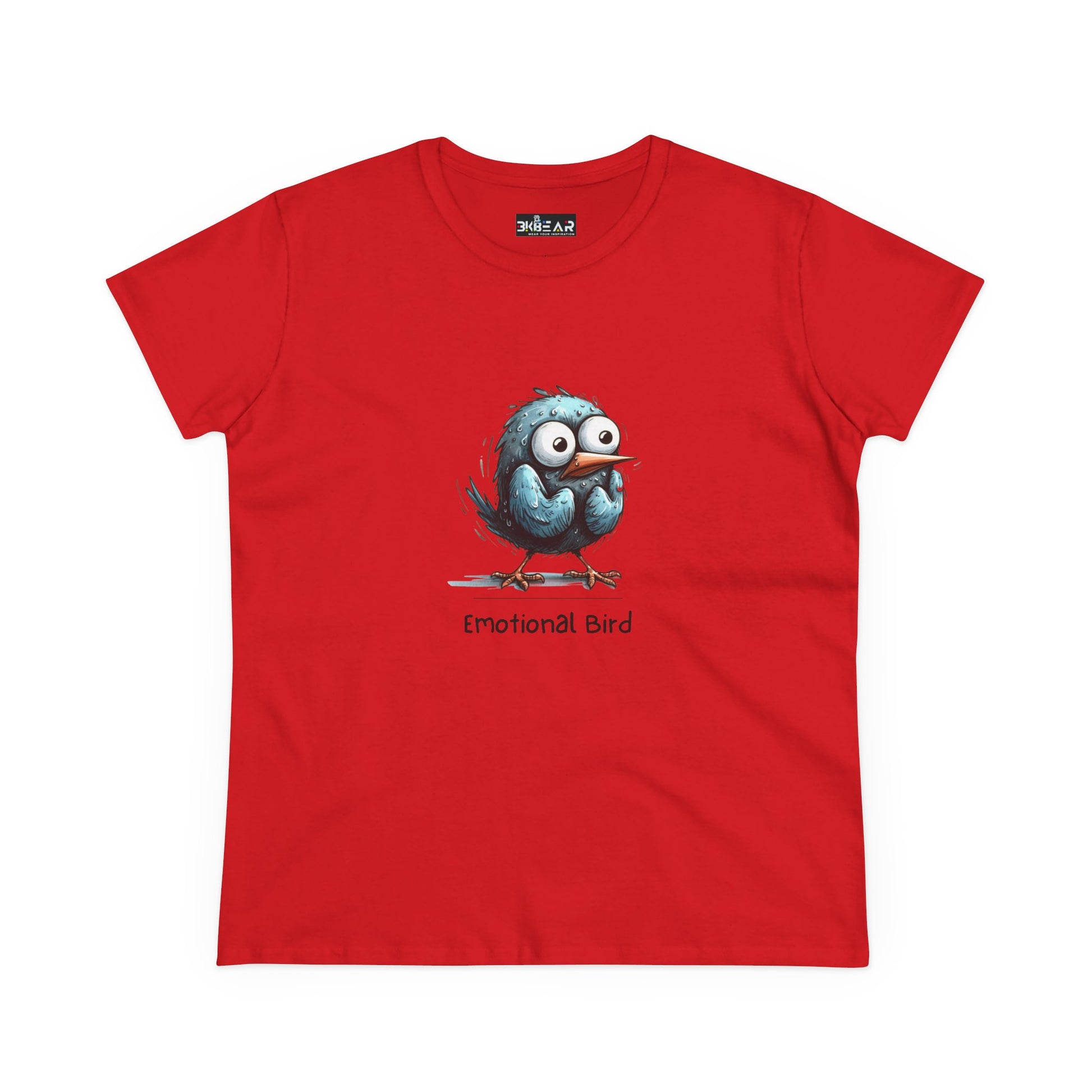Red Printify emotional bird tee with cartoon blue emotional bird graphic on front