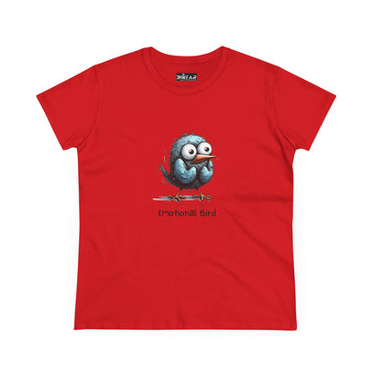 Red Printify emotional bird tee with cartoon blue emotional bird graphic on front