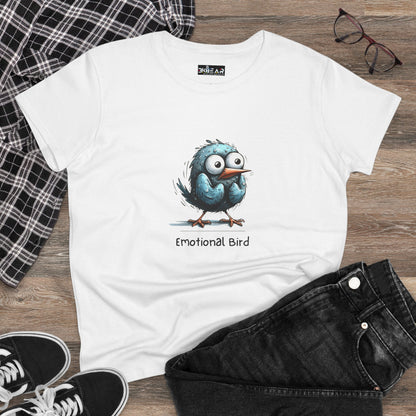 White emotional bird tee featuring a cartoon blue bird with big eyes on a wooden background