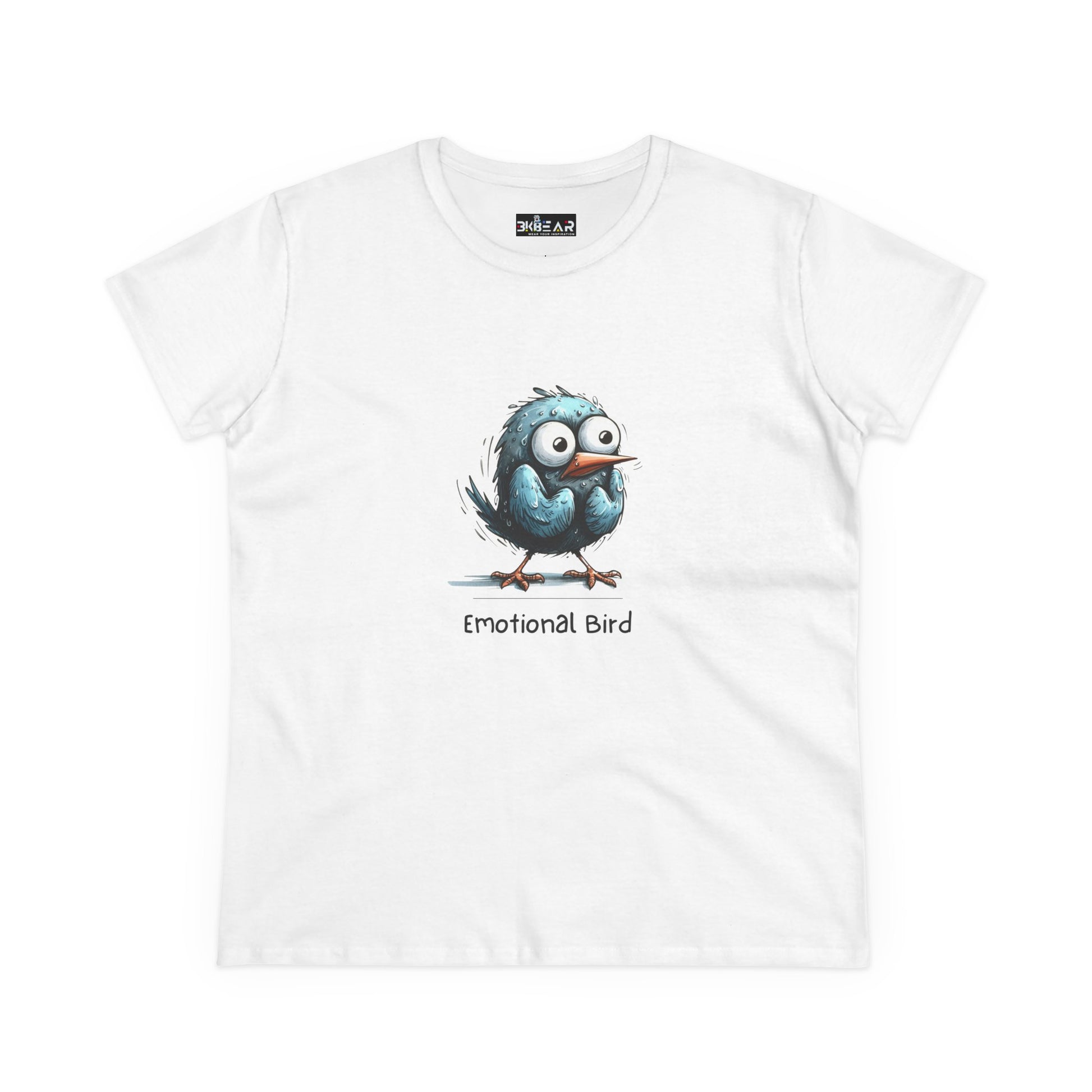 White Printify emotional bird tee featuring a cute blue cartoon bird with emotional expression