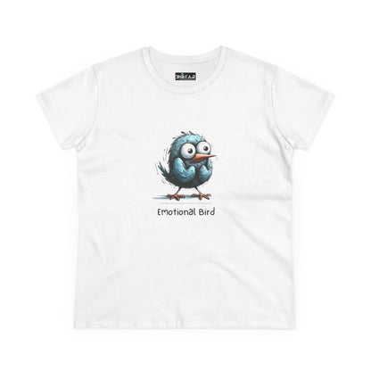 White Printify emotional bird tee featuring a cute blue cartoon bird with emotional expression