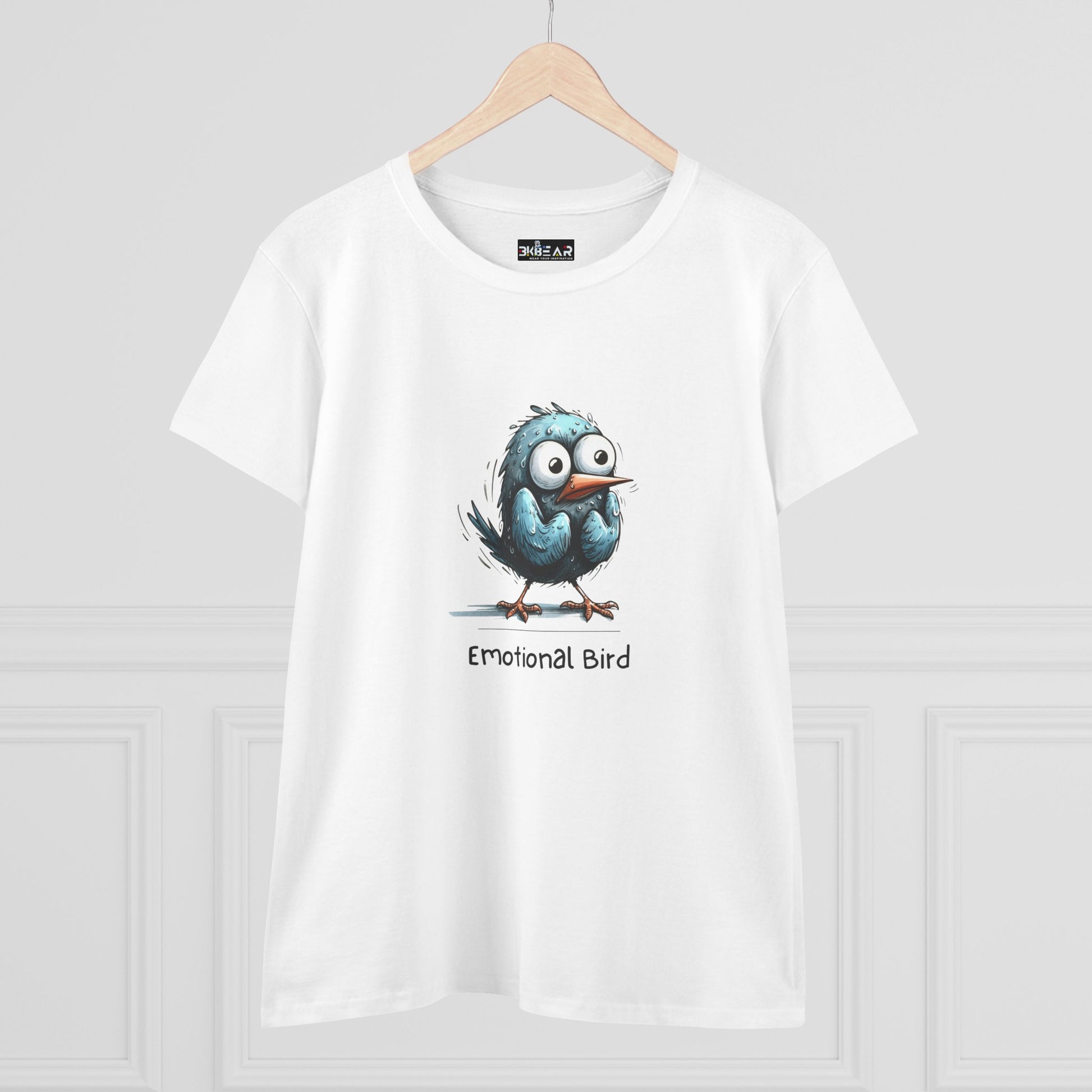 White Printify t-shirt with cartoon emotional bird tee graphic and text on front