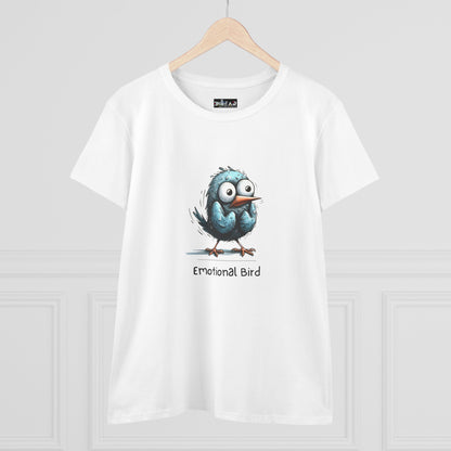 White Printify t-shirt with cartoon emotional bird tee graphic and text on front