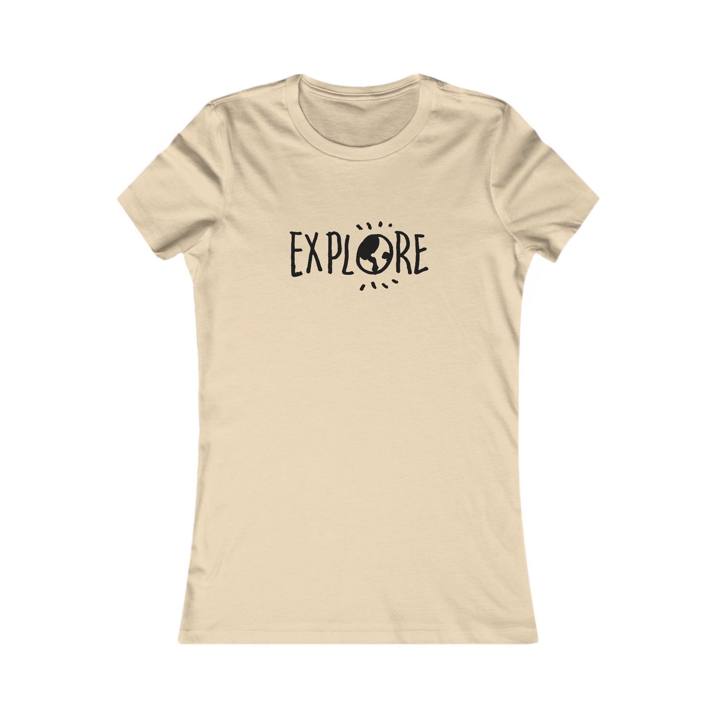 Printify beige adventure t-shirt women with Explore graphic and globe icon