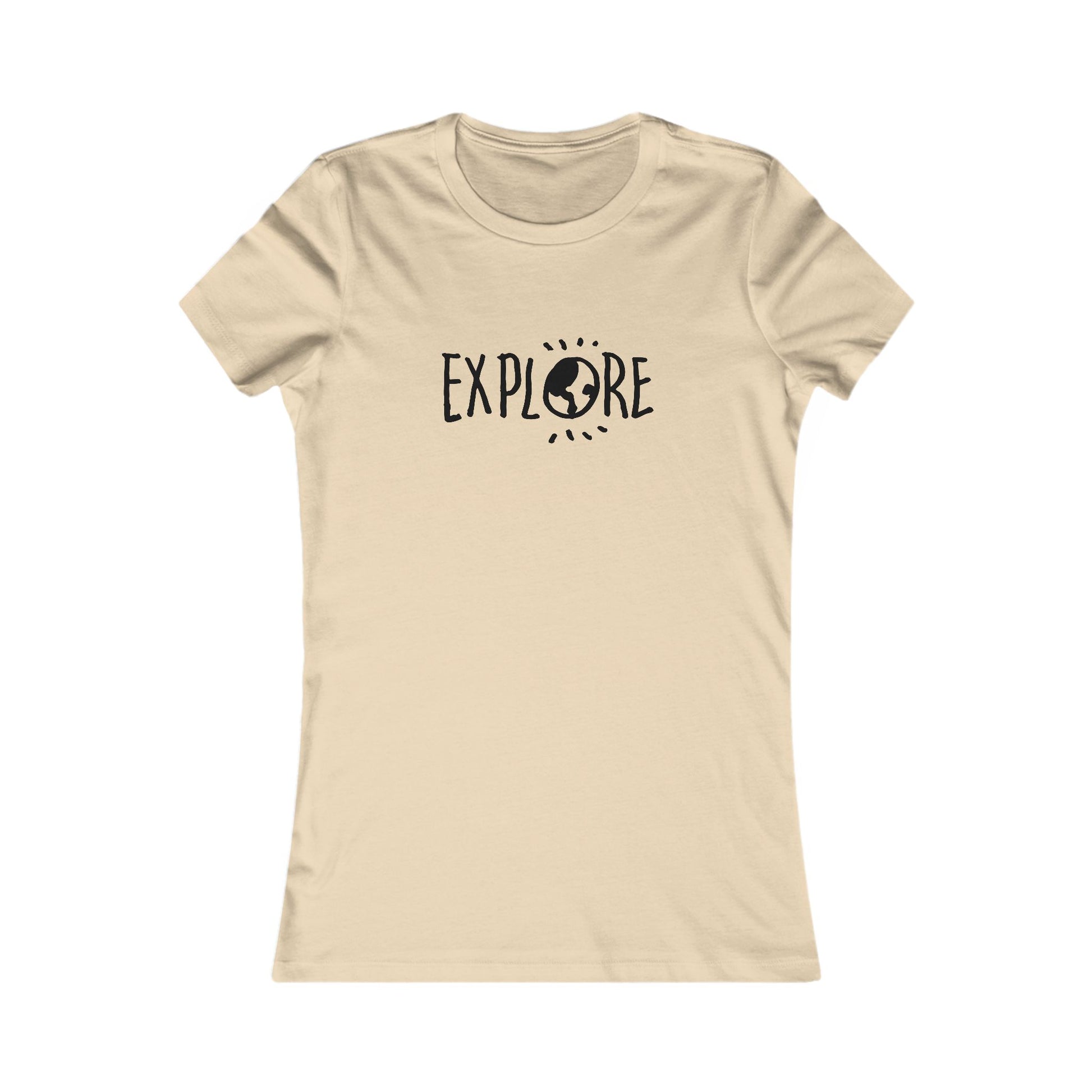 Printify beige adventure t-shirt women with Explore graphic and globe icon