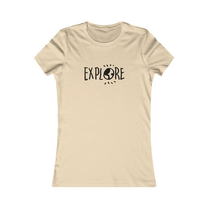 Printify beige adventure t-shirt women with Explore graphic and globe icon
