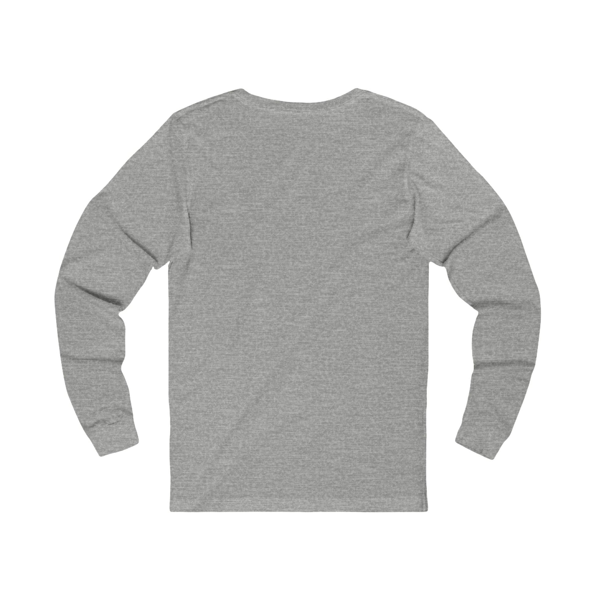 Back view of a gray long-sleeve shirt from Printify ideal for an explore graphic tee design
