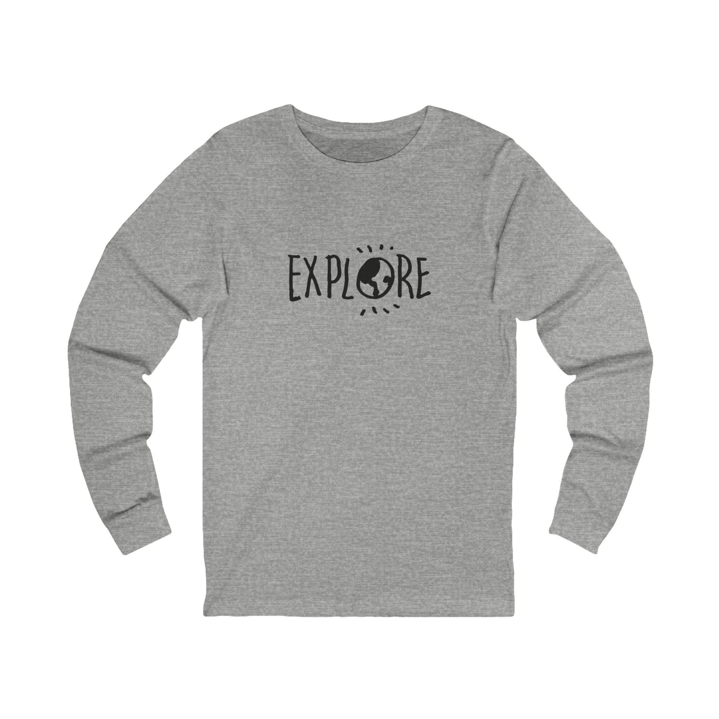 Printify grey long-sleeve explore graphic tee with black globe and sun design on front