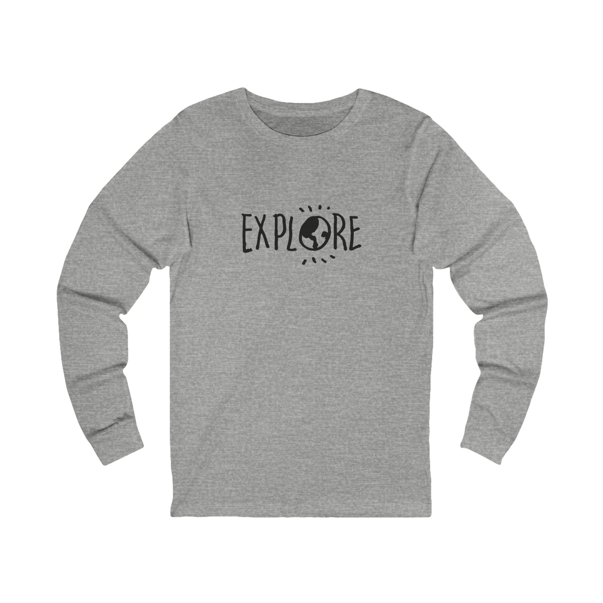 Printify grey long-sleeve explore graphic tee with black globe and sun design on front