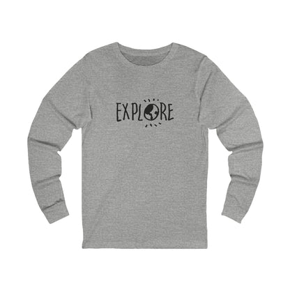 Printify grey long-sleeve explore graphic tee with black globe and sun design on front
