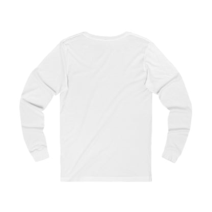 Printify white long-sleeve explore graphic tee shown from back with crew neck and cuffed sleeves