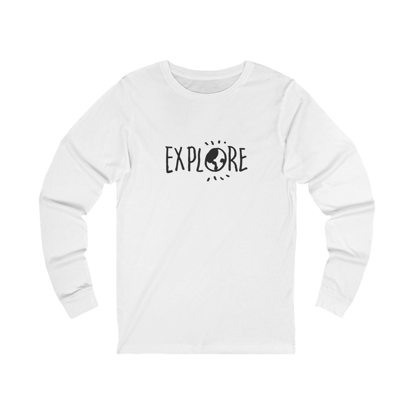 Printify white long-sleeve explore graphic tee with black earth design and text on front