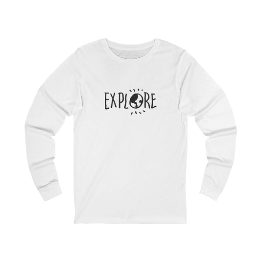 Printify white long-sleeve explore graphic tee with black earth design and text on front
