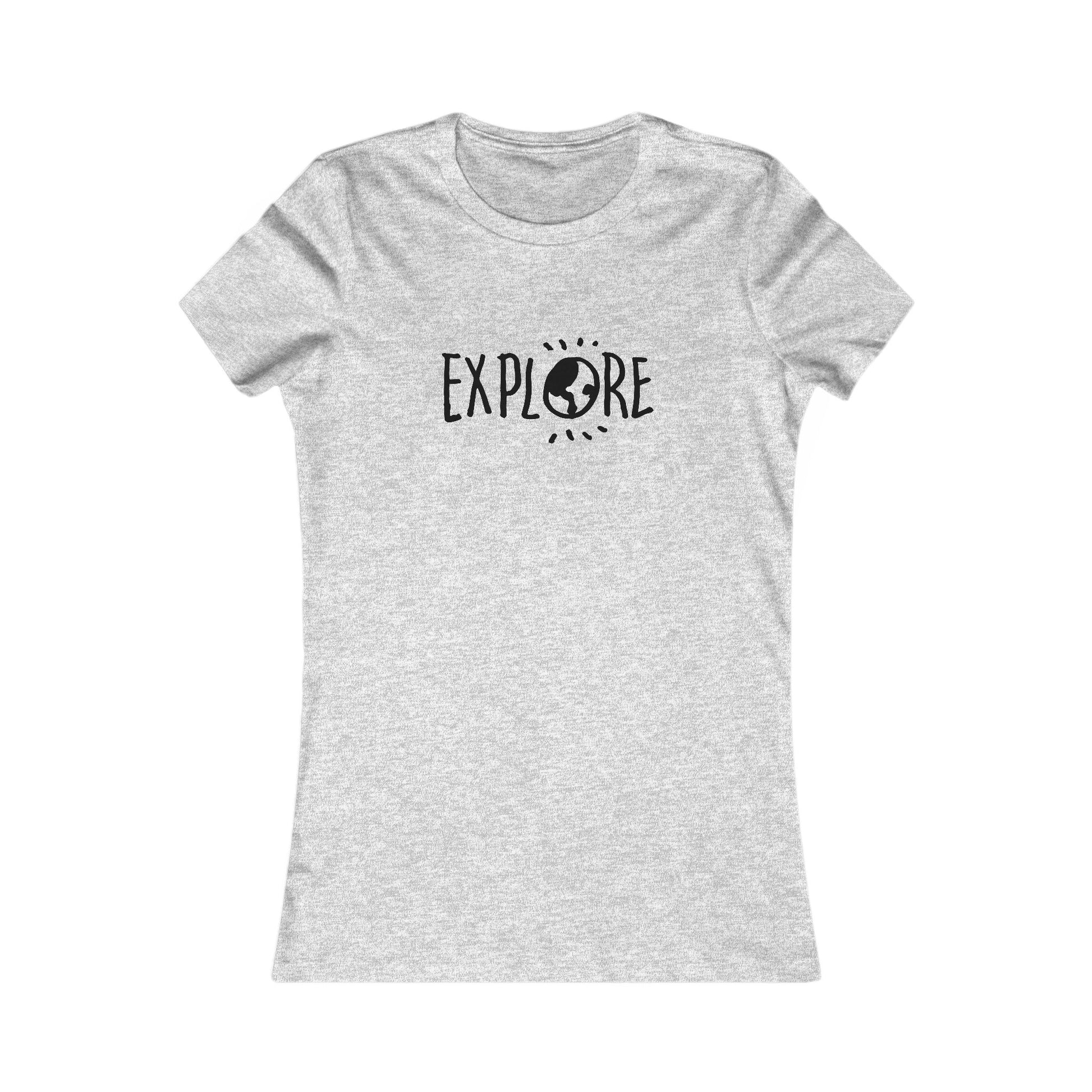 Gray Printify adventure t-shirt women with Explore text and globe graphic design