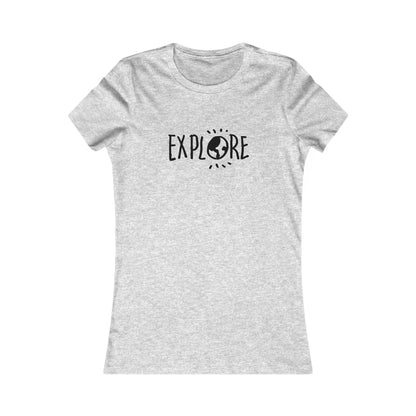 Gray Printify adventure t-shirt women with Explore text and globe graphic design