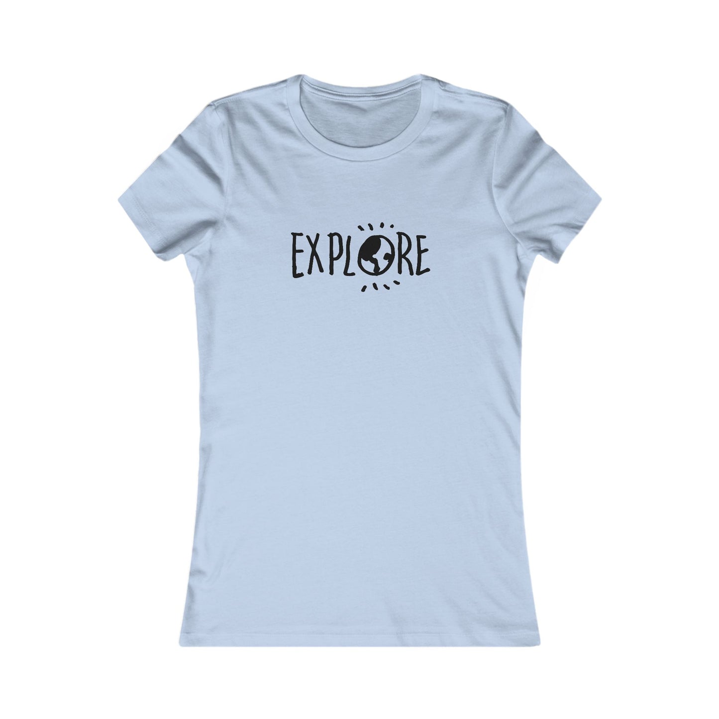Light blue adventure t-shirt women with Explore text and globe graphic printed on front