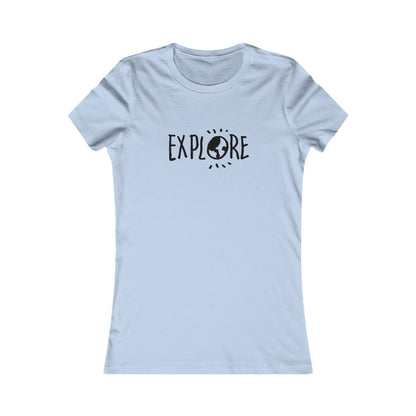 Light blue adventure t-shirt women with Explore text and globe graphic printed on front