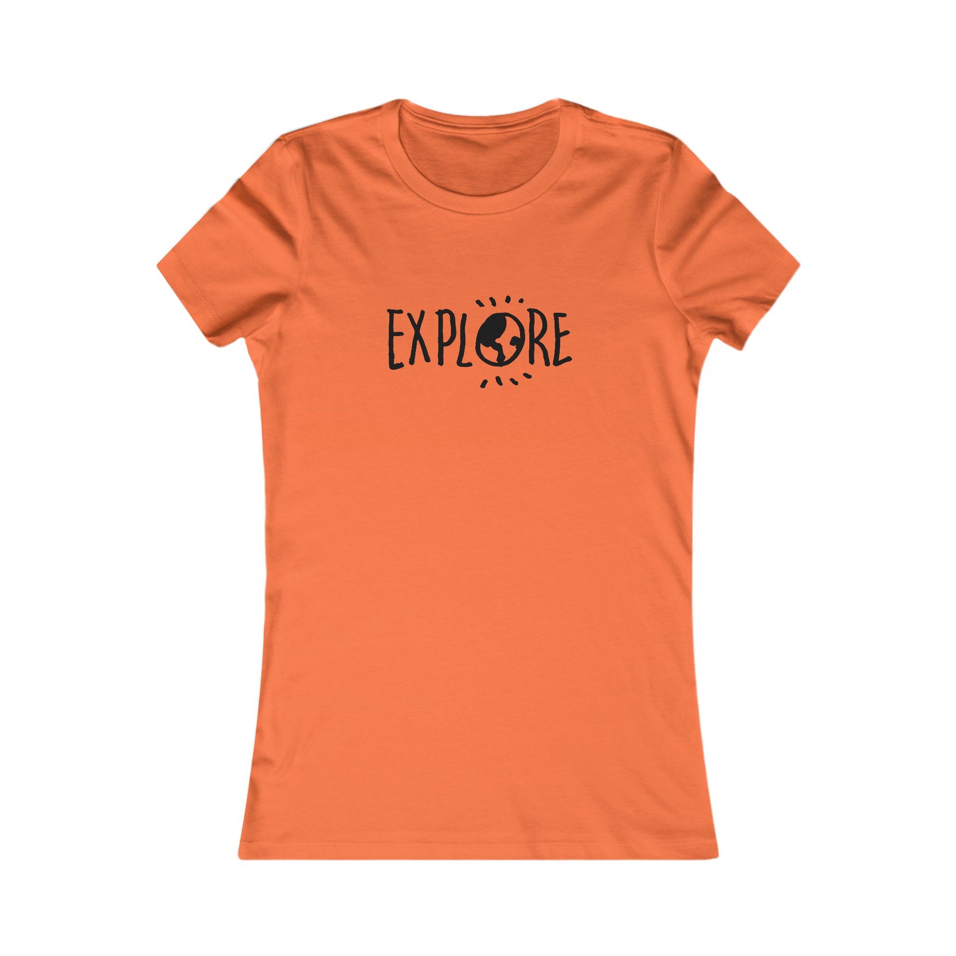 Orange Printify adventure t-shirt women with explore graphic and Earth design