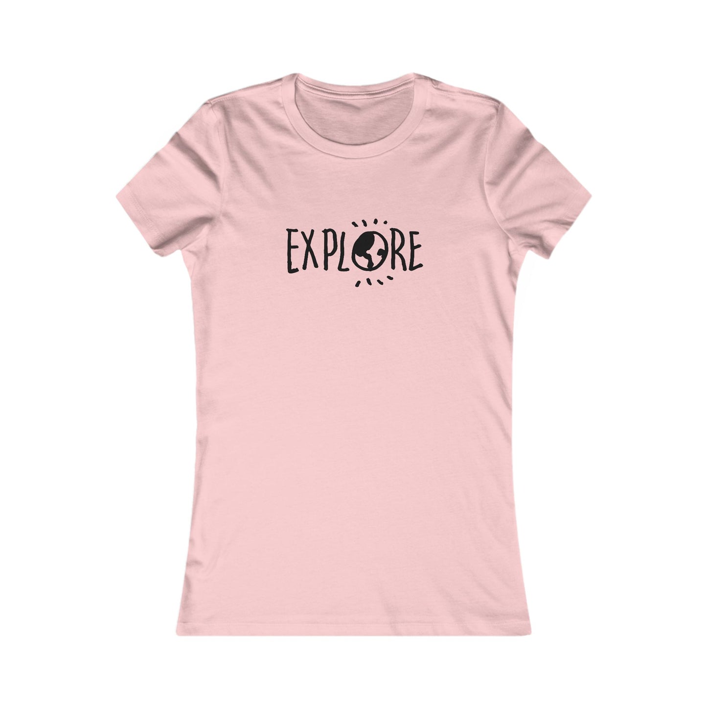 Pink Printify adventure t-shirt women with Explore text and globe graphic on front