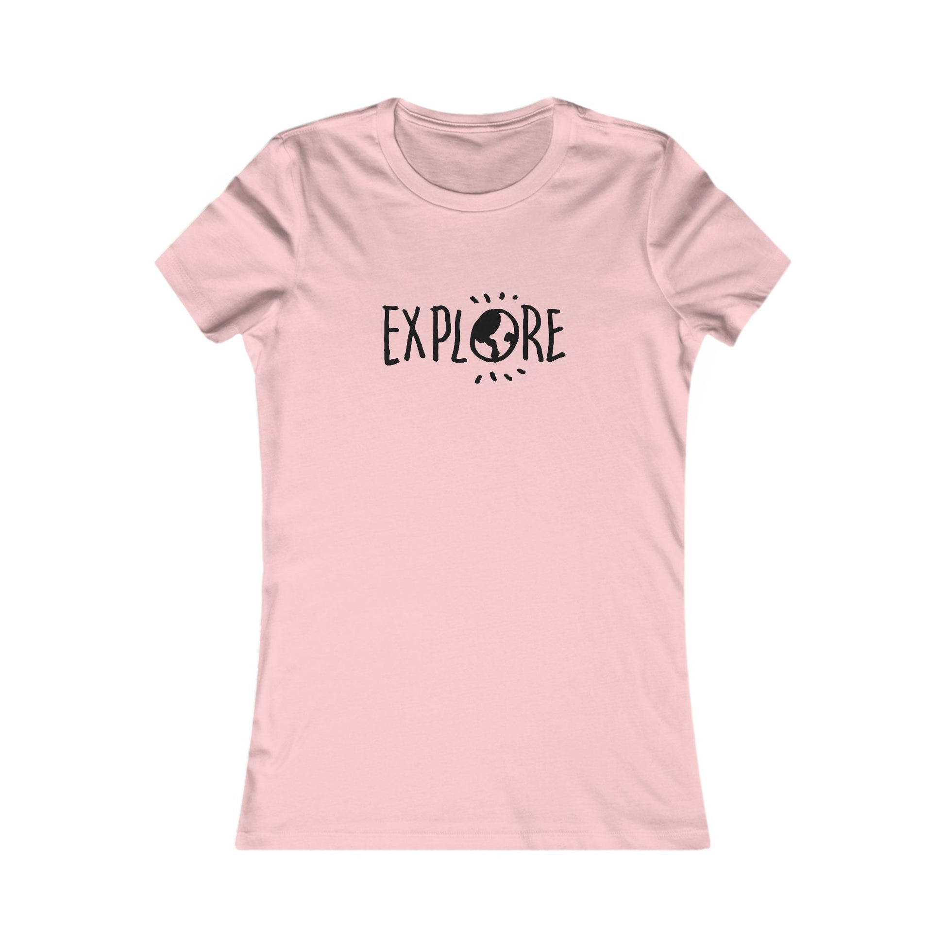 Pink Printify adventure t-shirt women with Explore text and globe graphic on front