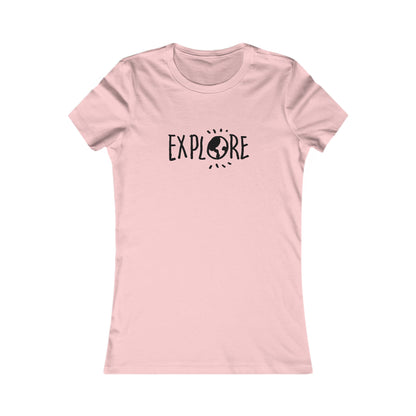 Pink Printify adventure t-shirt women with Explore text and globe graphic on front