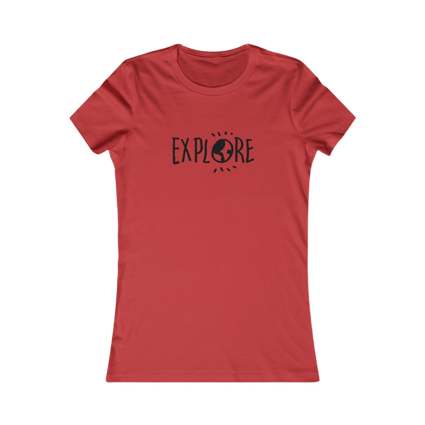 Red adventure t-shirt women with Explore text and globe graphic by Printify