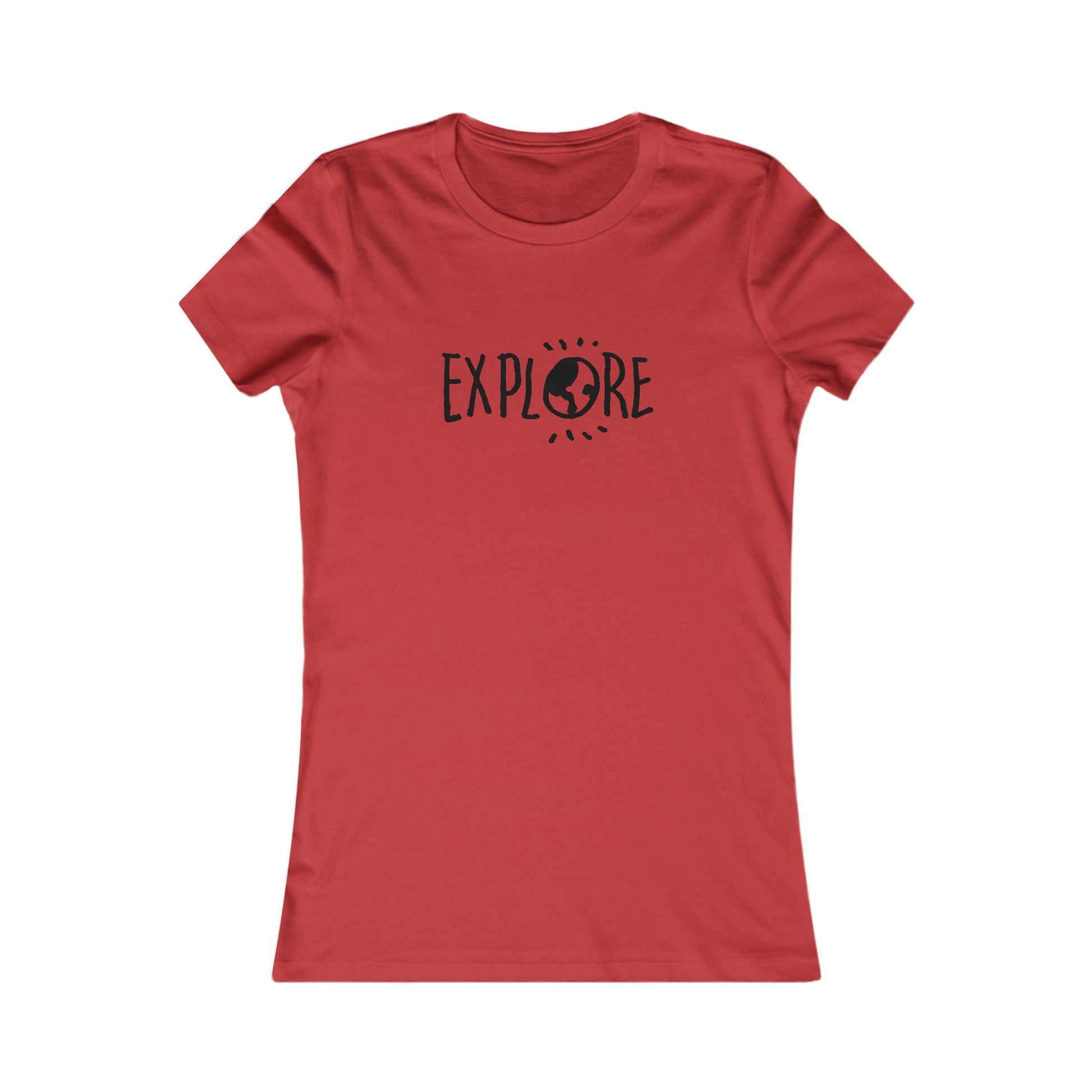 Red adventure t-shirt women with Explore text and globe graphic by Printify
