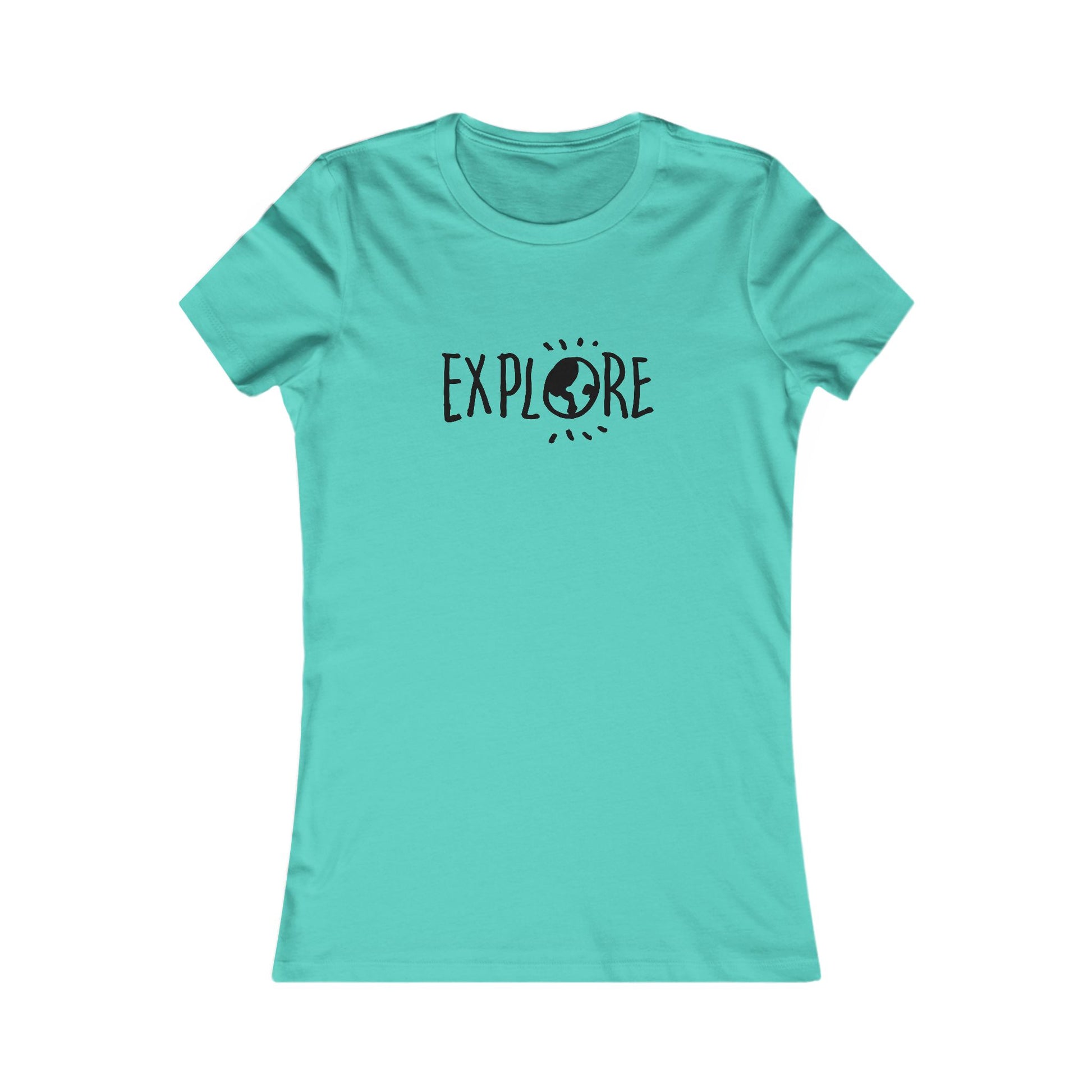 Printify turquoise adventure t-shirt women with explore graphic and globe design