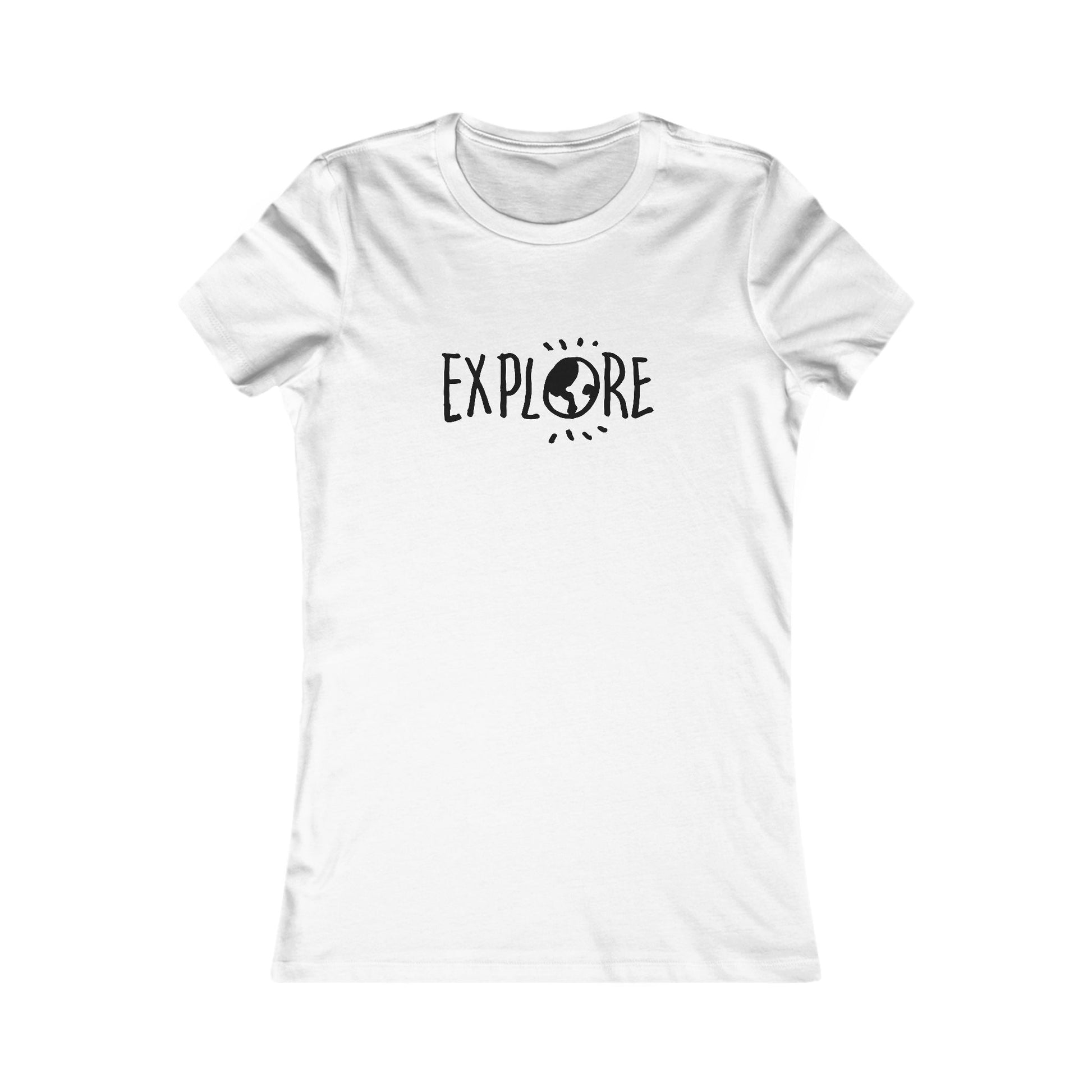 White adventure t-shirt women with explore text and globe graphic by Printify