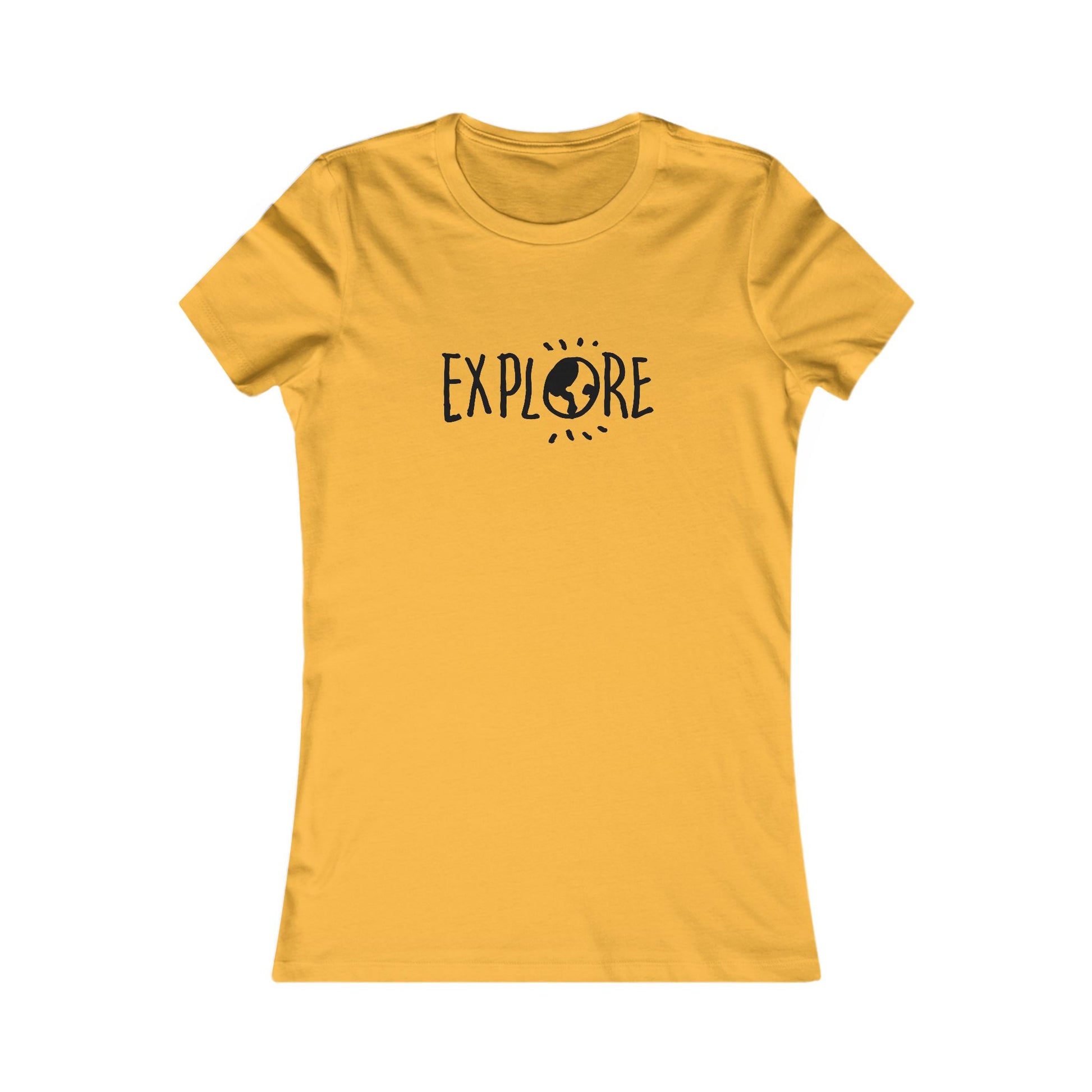 Yellow Printify adventure t-shirt women with explore text and globe graphic on front