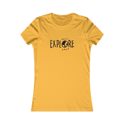 Yellow Printify adventure t-shirt women with explore text and globe graphic on front