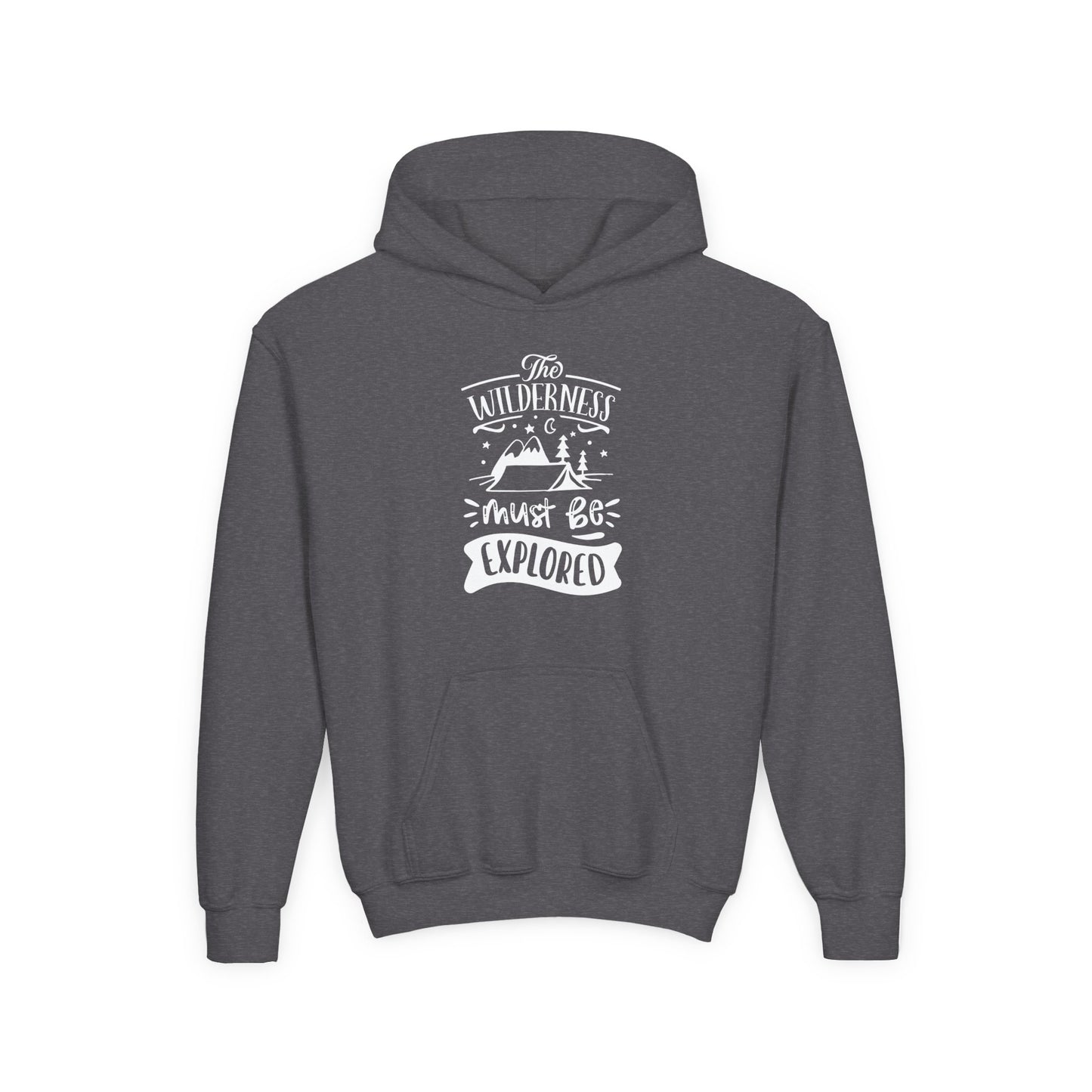 Printify kids explorer theme sweatshirt in dark gray with wilderness graphic and hood