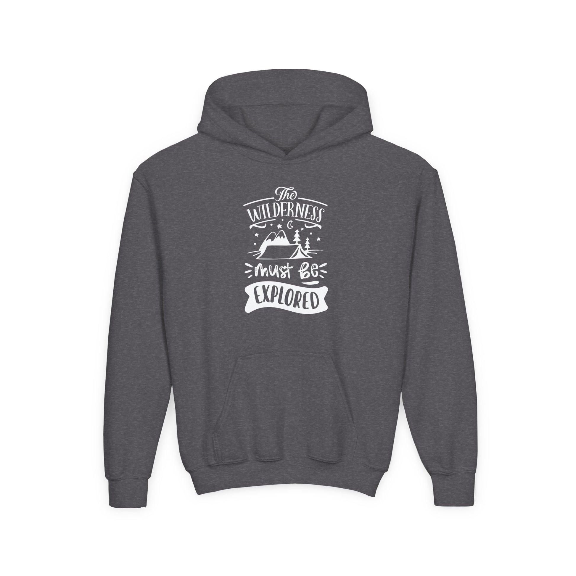 Printify kids explorer theme sweatshirt in dark gray with wilderness graphic and hood