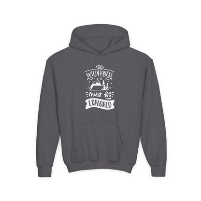 Printify kids explorer theme sweatshirt in dark gray with wilderness graphic and hood