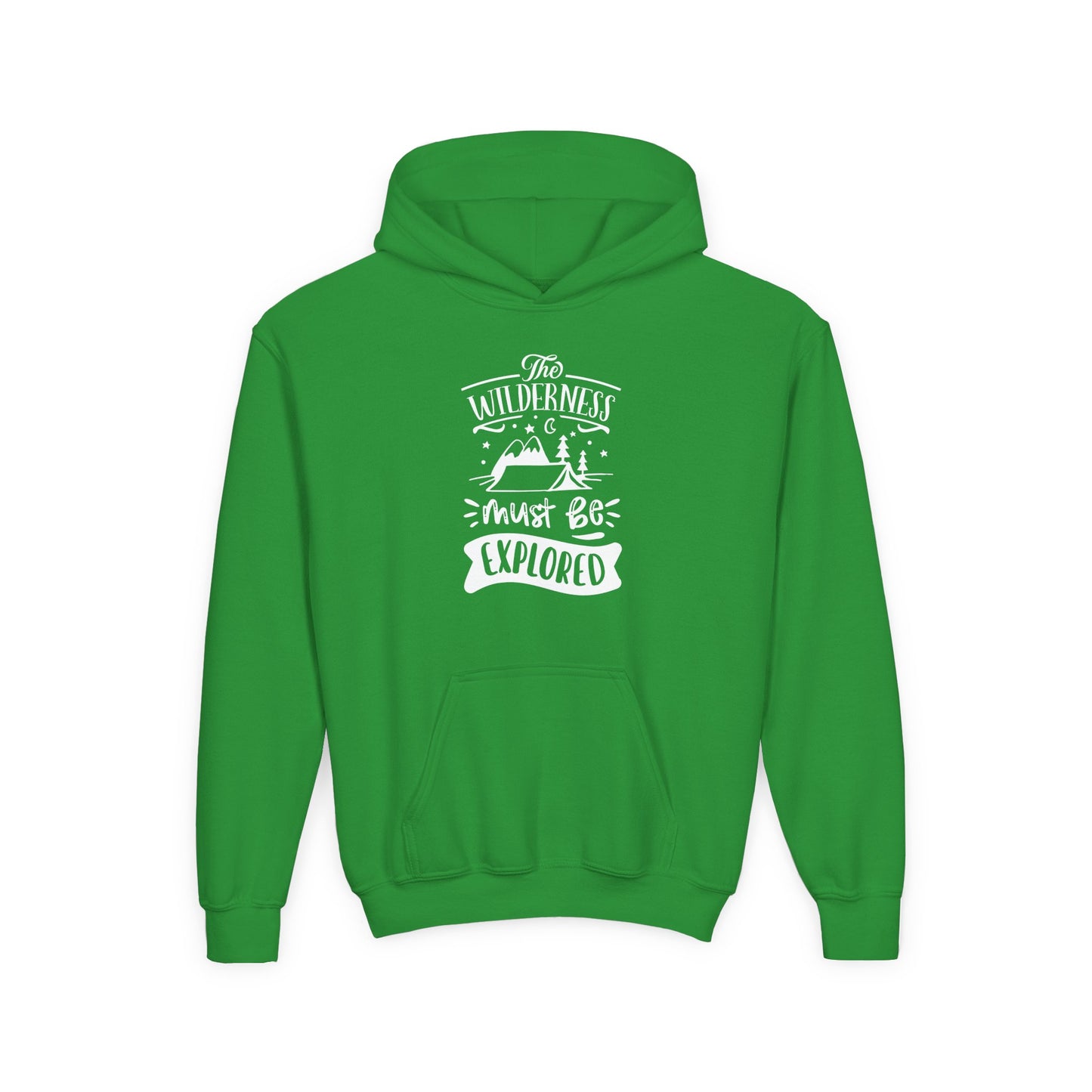 Green kids explorer theme sweatshirt with wilderness graphic and hooded design by Printify