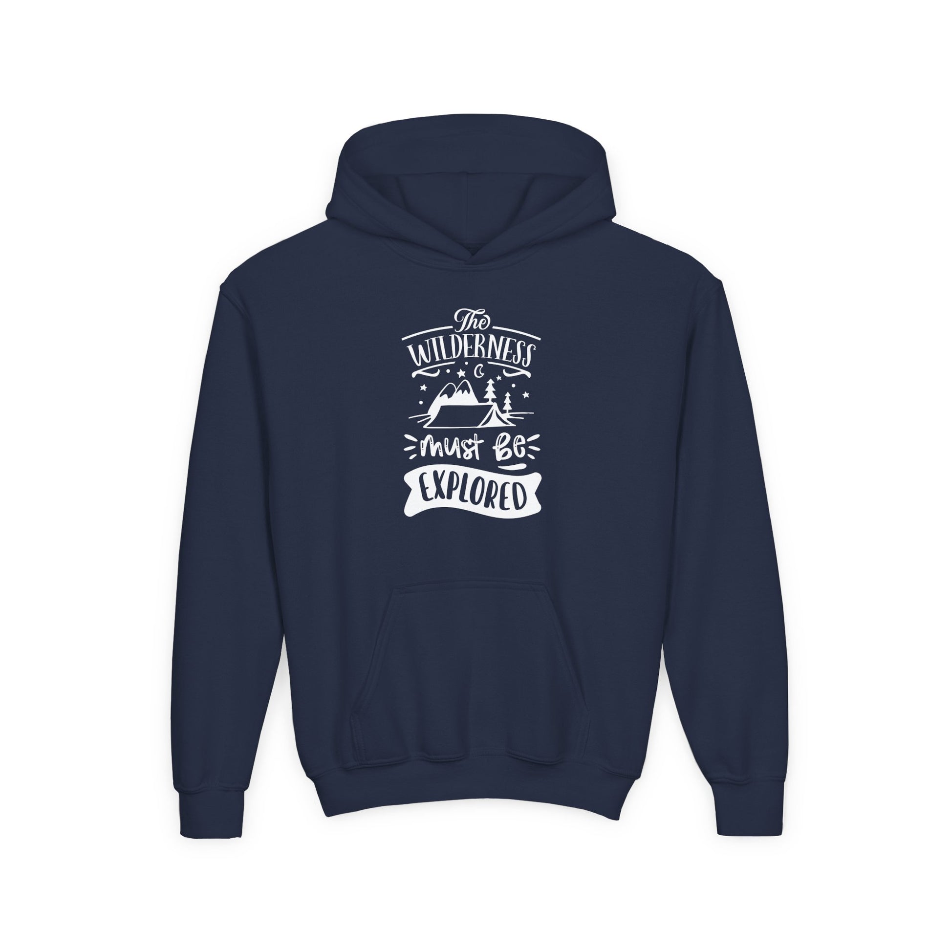 Navy blue kids explorer theme sweatshirt with wilderness graphic and front pocket by Printify