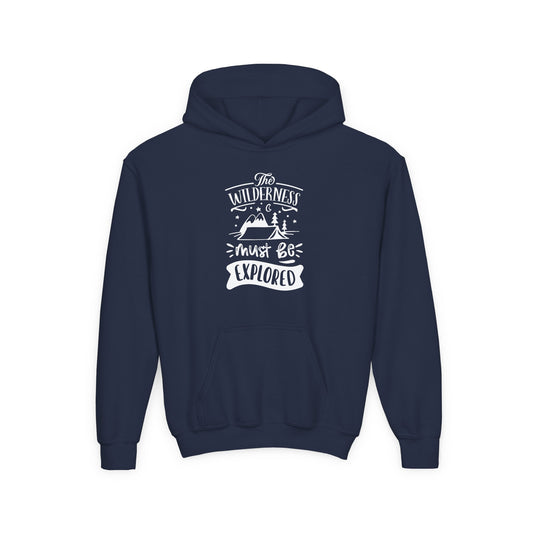 Navy blue kids explorer theme sweatshirt with wilderness graphic and front pocket by Printify
