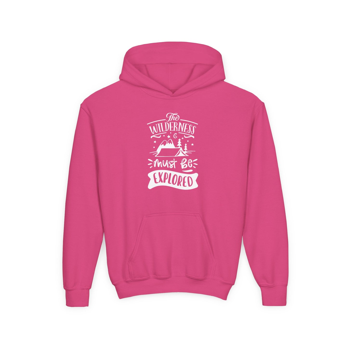 Pink kids explorer theme sweatshirt with wilderness graphic and front pocket from Printify